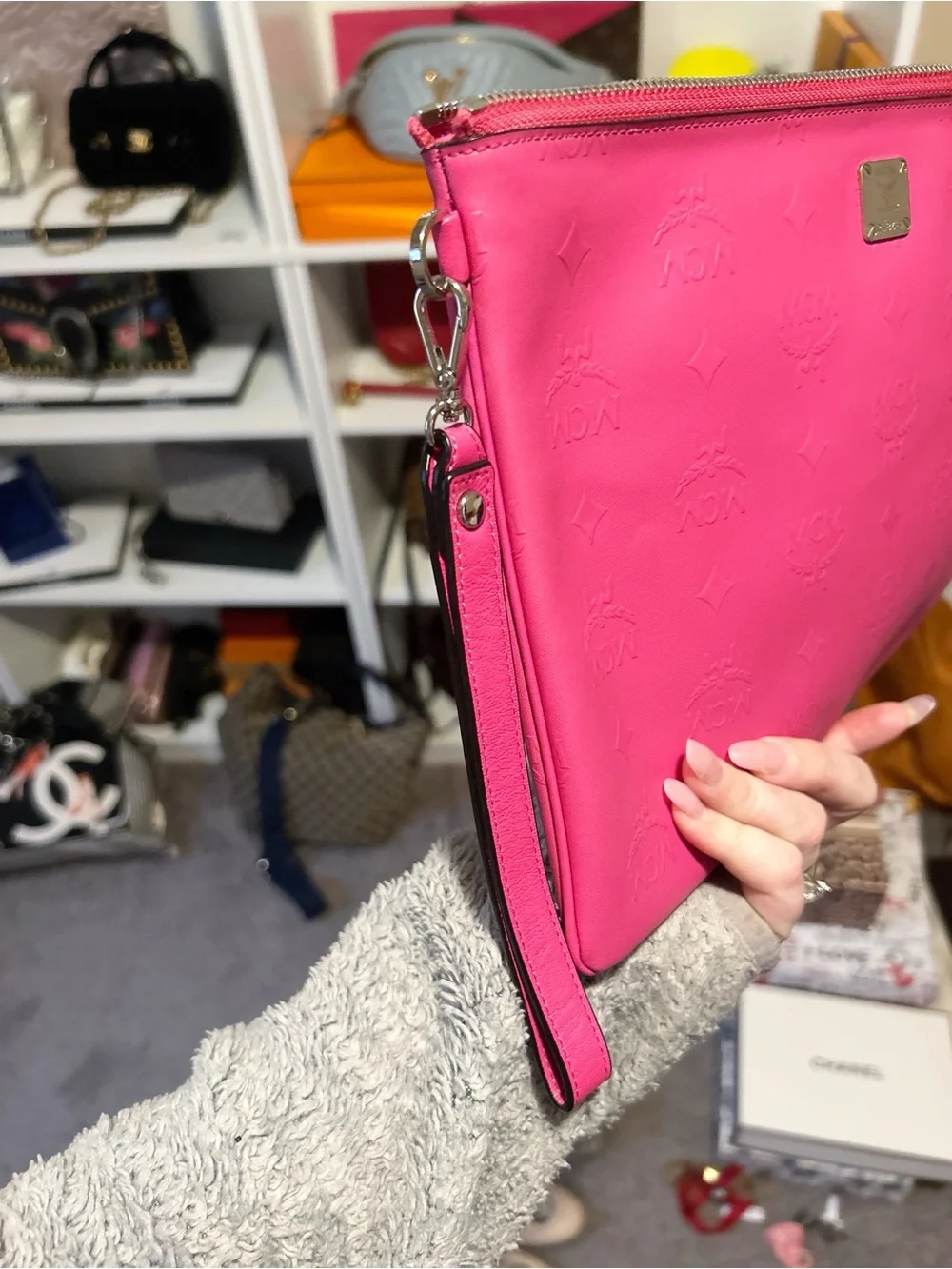 Authentic MCM Barbie Pink XL Wristlet Pouch / Clutch Bag